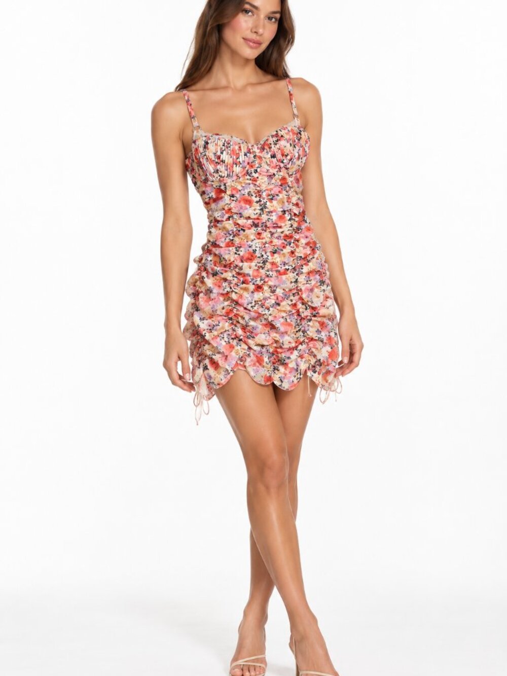 For Love & Lemons Floral Ruched Bustier Ruffle Bodycon Mini Dress Size Small